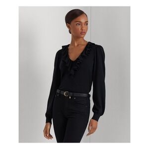 LAUREN RALPH LAUREN Womens Ruffled Ribbed‎ Trim V Neck Black Sweater Size xl